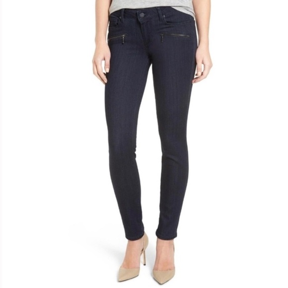 Paige Indio Skinny Jeans Dark Denim Wash 26 Zip Zipper Pockets Stretch Cotton - Picture 1 of 11